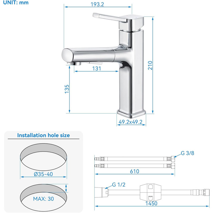 Змішувач для ванної кімнати з висувною лійкою, хром, однорідний, для холодної та гарячої води