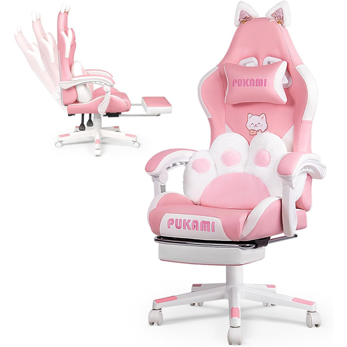 Ігровий крісло Waleaf з підголовником у вигляді лапки кота та вушками, ергономічний геймерський крісло з підніжкою, регульоване крісло для комп'ютера з PU шкіри для дівчаток-підлітків, ігрове крісло 135кг, рожеве