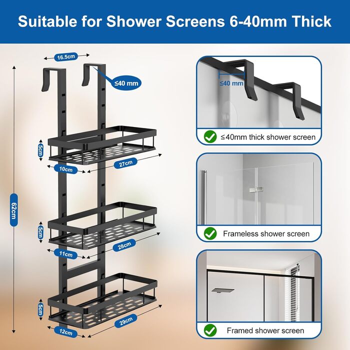 Підвісна полиця для душу Diwoker, 3 душові кошики, без свердління, чорний