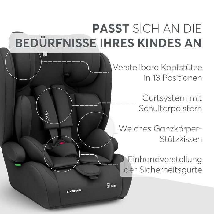 Автокрісло KikkaBoo 9-36 кг i-PASS, група 1/2/3, 1 рік - 12 років, i-Size, чорне