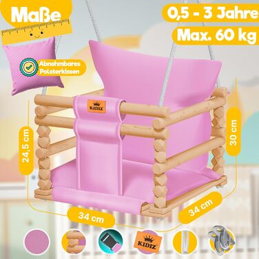 Дитяча гойдалка-колиска KIDIZ® для немовлят від 6 місяців та малюків до 3+ років (Рожева) - дерев'яна, з регулюванням висоти та м'яким сидінням для дому та вулиці