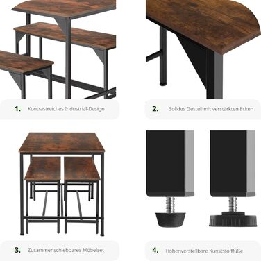 Обідній комплект TECTAKE стіл & 2 лавки, 110x70x75 см, промисловий дизайн, темне дерево, рустик