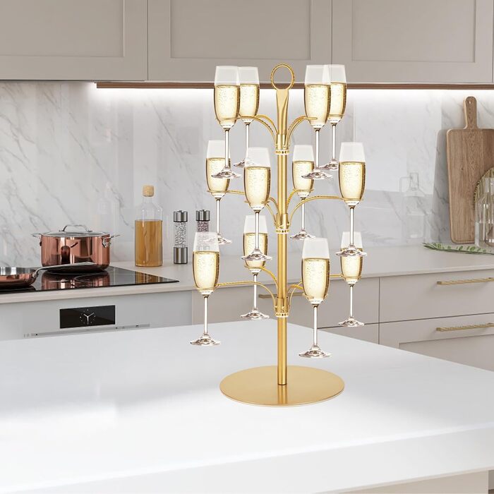 Стійка для коктейлів та келихів YCWF, 3 яруси, 12 келихів, золота. Ідеально для вечірок та святкування. Підходить для шампанського, коктейлів, маргарити та мартини.