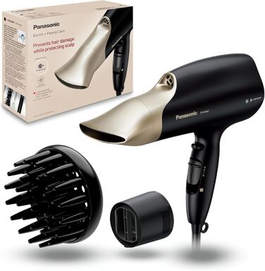 Фен Panasonic EH-NA67K825 Nanoe з дифузором, насадкою для швидкої сушки та концентрації, для сімейного використання, 2000 Вт, знімний фільтр, колір шампань