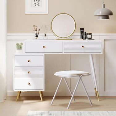 Туалетний столик Merax з дзеркалом та LED-підсвіткою, з бічною шафкою, 6 висувними ящиками та золотими ручками, білий, 102x100x41.5 см (без табурета)