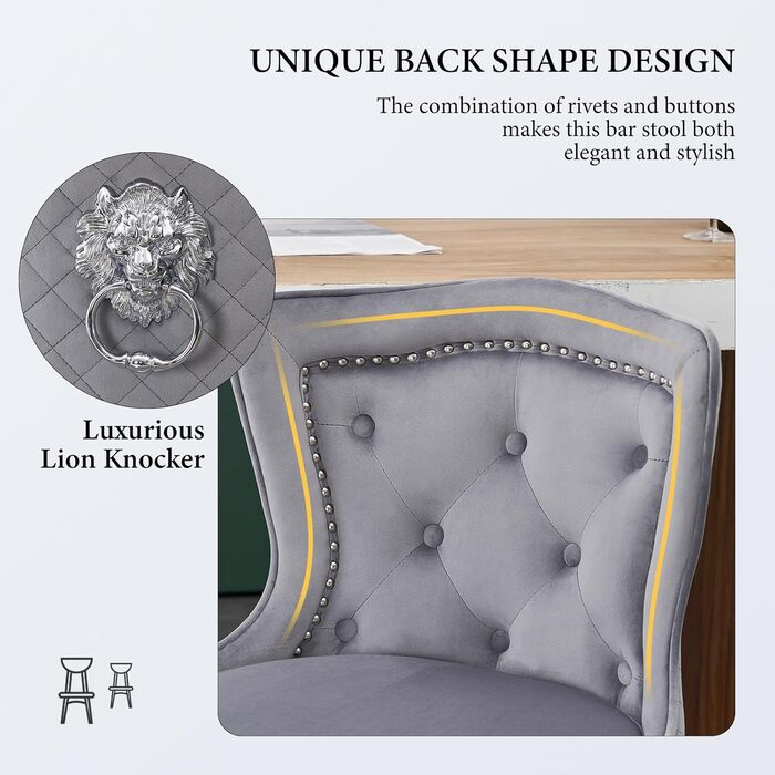 Набір з 2 барних стільців Samt - сучасні стільці для бару з високою спинкою, оббивка велюром, регульована висота, сірий