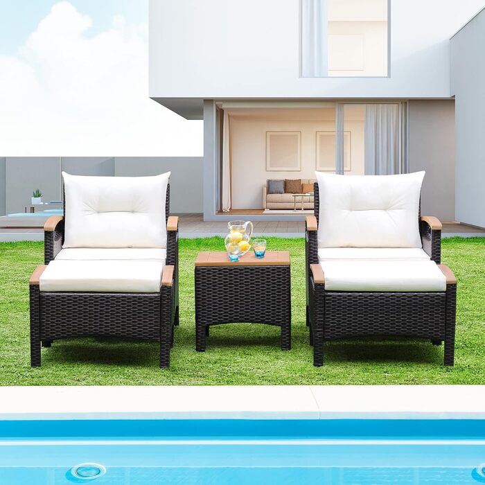 Набір садових меблів GIANTEX 5 предметів: 2 крісла, 2 пуфи та столик - ротанг, кремово-білий колір, для саду та балкону