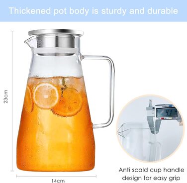 Скляний глечик Nutabevrd 2.3 л з нержавіючою кришкою, фільтром та ручками. Підходить для води, кави, молока, соку, вина та інших напоїв. Легко миється.