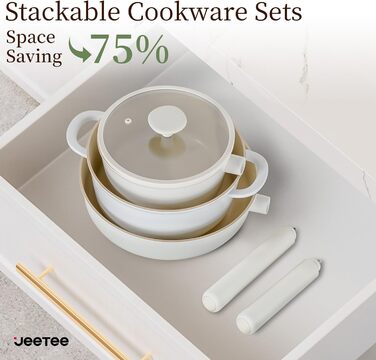 Набір посуду JEETEE 17 предметів з антипригарним покриттям Ceramic, знімні ручки. Плита 24/28см, глибока сковорода 28см, каструлі 16/20/24см. Підходить для всіх типів плит, можна використовувати в духовці.
