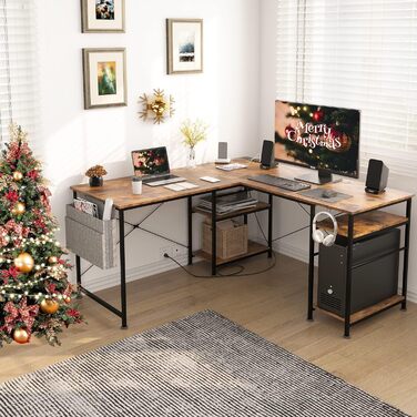 Ігровий кутовий стіл L-подібної форми з LED-підсвічуванням та розетками, 140x140 см, реверсивний комп'ютерний стіл з підставкою для монітора, 4 полиці та бічні кишені для дому та офісу (колір: коричневий, розміри: 140x140x74 см)