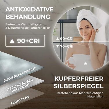 Дзеркало для ванної кімнати BR Bringer LED, діаметр 80 см, з підсвічуванням, протизапітнінням, регулюванням яскравості, енергозбереженням, 3 кольори світла, сенсорне керування та функція пам'яті (BRRS201)