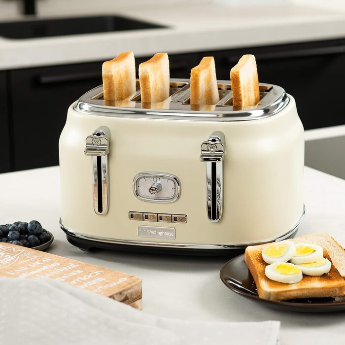 Ретро-тостер Westinghouse 4 скибочки, знімна насадка для булочки, 6 налаштувань підсмажування, центрування хліба, розморожування, розігрівання та зупинка, світловий індикатор, висувний лоток для крихт, (білий)