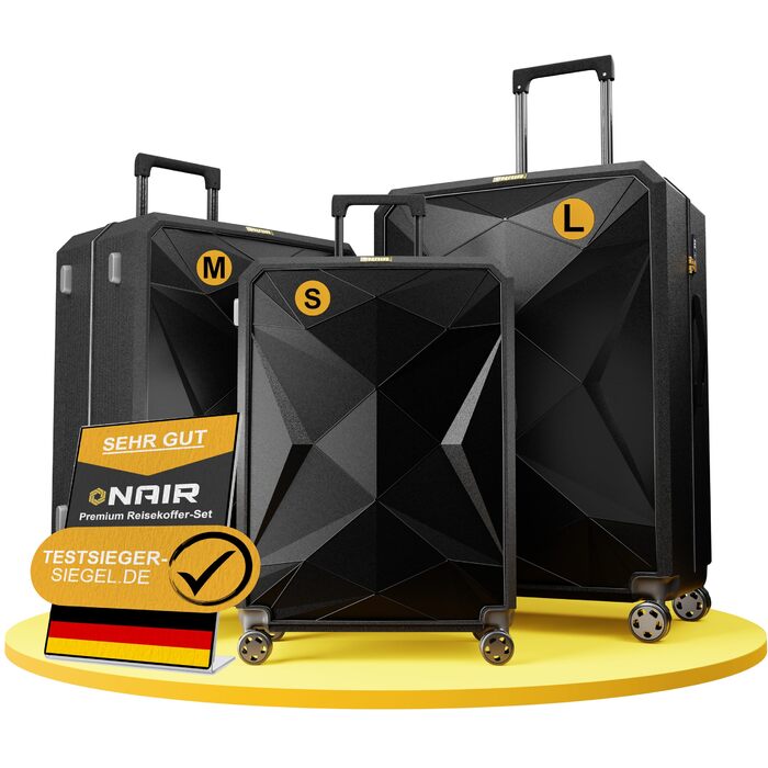 Набір валіз ONAIR 3 шт. (S, M, L) – чорний & золотий. Водовідштовхуюча жорстка оболонка, TSA-замок, тихі колеса, міцний ABS-пластик. Ідеально для подорожей.