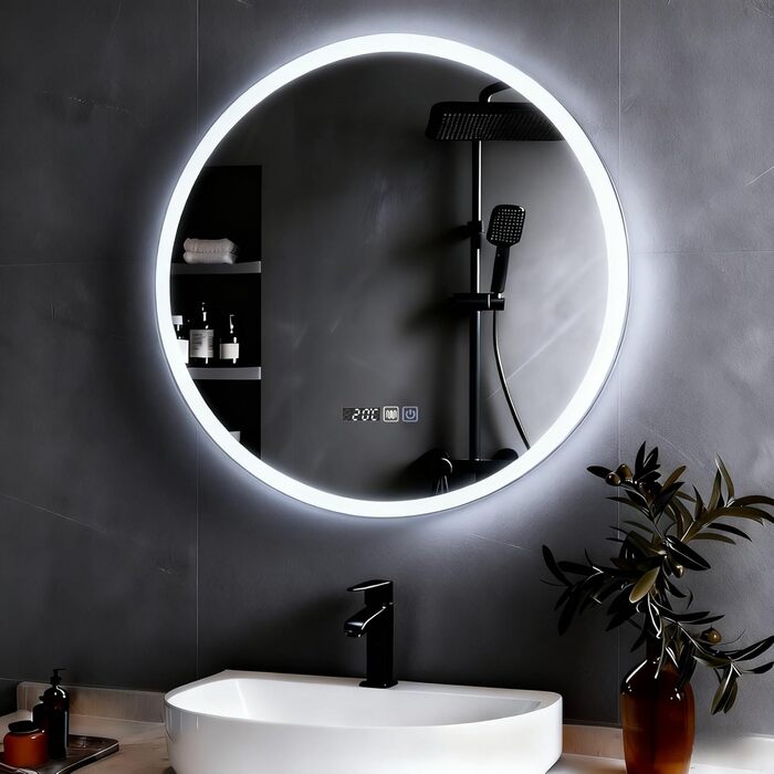 Дзеркало для ванної кімнати YOURLITE з підсвічуванням, діаметр 60 см, LED, 3 кольори, диммування, сенсорне управління, антизапар, пам'ять, IP44, білий
