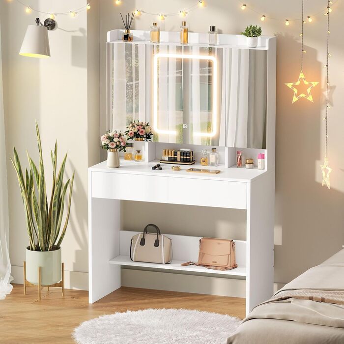 Дзеркальний туалетний столик YITAHOME з підсвічуванням та шухлядами, колір чорний (білий з 2 шухлядами)