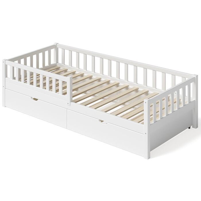 Ліжко дитяче Bellabino Vils 90x200 см – ліжко для малюків з бортиками, ламелі, Монтессорі, з масиву сосни, біле, для хлопчиків та дівчаток, з місцем для зберігання, з гостьовим ліжком, з матрацом