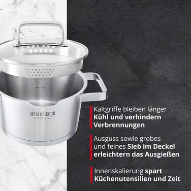 Каструля Meisterkoch з нержавіючої сталі 16 см з виливом, мірною шкалою та ізольованою ручкою | з кришкою з скла та ситом | кухонне приладдя, підходить для індукційних плит