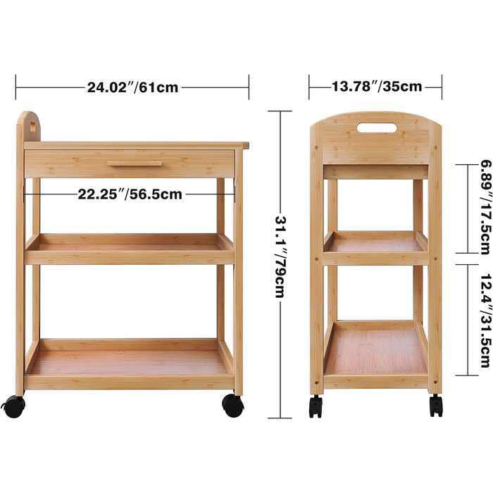 Кухонний острівний візок на колесах, бамбуковий 3-рівневий стелаж зі стільницею з масиву дерева та коліщатками, що замикаються