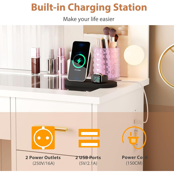 Великий туалетний столик ANWBROAD з регульованою LED-підсвіткою 3 кольорів та розеткою. Сучасний туалетний столик з дзеркалом, 7 ящиків, білий, 140x110x40 см. Модель BDT83W