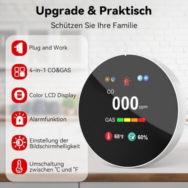 Детектор чадного газу та газу з вилкою, 4-в-1 CO-детектор з датчиком температури та вологості, з акустичним сигналом для дому та автокаравану, 1 шт. (Чорний) (Білий 1)