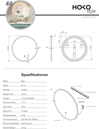 Дзеркало для ванної кімнати HOKO Design Riga, кругле, 60 см, з металевим каркасом Gold. LED-підсвічування, сенсорне керування, зміна кольору світла (тепле, холодне, нейтральне). 60 x 60 см