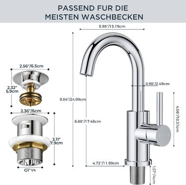 Змішувач для ванної кімнати/кухні FORIOUS Hoch 360° з нержавіючої сталі, з можливістю повороту 360°, з підключенням до гарячої та холодної води, для мийки, висота виливу 175 мм, полірована хром