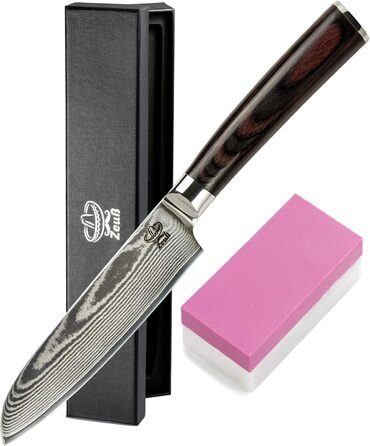 Ніж Santoku ZEUß Damast (24 см) - професійний кухонний ніж з дамаської сталі 67 шарів, з точильним каменем, дерев'яною ручкою та захистом леза, подарункова коробка