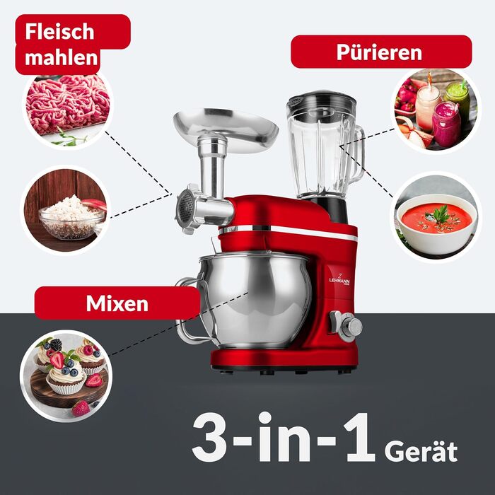Кухонна машина Lehmann 3-в-1: міксер, м'ясорубка, соковитискач, 3000W, з планетарним міксуванням, комплект для ковбас, для мафінів та випічки, червона