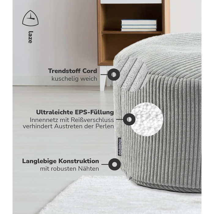 Табурет, вельветовий пуф 'Der Faule Lenz', круглий табурет для підлоги, подушка для сидіння в приміщенні, пуф, пуф в приміщенні, м'який і м'який, з наповнювачем з пінополістиролу (40x60 см, сірий)