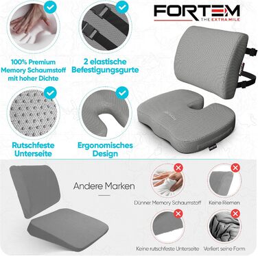 Подушка для сидіння та попереку FORTEM XL для офісного крісла, авто, геймінгу. М'яка спинка з Memory Foam, сірий дихаючий матеріал, великий розмір