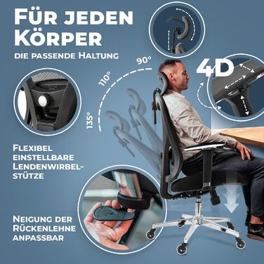 Крісло офісне Clouvou CleverSeat Ergonomiczne: регульоване, для офісу та геймінгу, чорне, до 150 кг