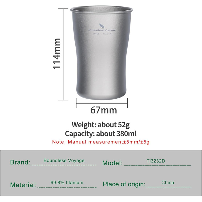 iBasingo Титановий стакан для кемпінгу 600мл, 380мл - легкий, міцний, для напоїв, з об'ємом 380мл та 600мл Ti3233D, Ti3232d