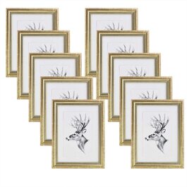 Набір рамок для фотографій WOLTU 10 шт. , дерев'яна рамка в стилі Артос 10x15 см, скляна панель для фотогалереї, золото