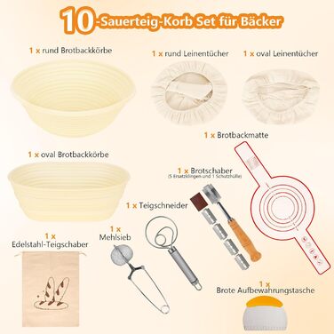 Набір для бродіння тіста Brotgar з силікону (23см круглий & 25см овальний) – для закваски, з лопаткою, ніжчиком, тканиною для бродіння – складний, гігієнічний, для початківців та професіоналів (10шт)