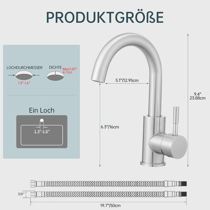 Змішувач для ванної кімнати Fransiton Bad Hoch, водозберігаючий настінний змішувач для раковини (нержавіюча сталь)