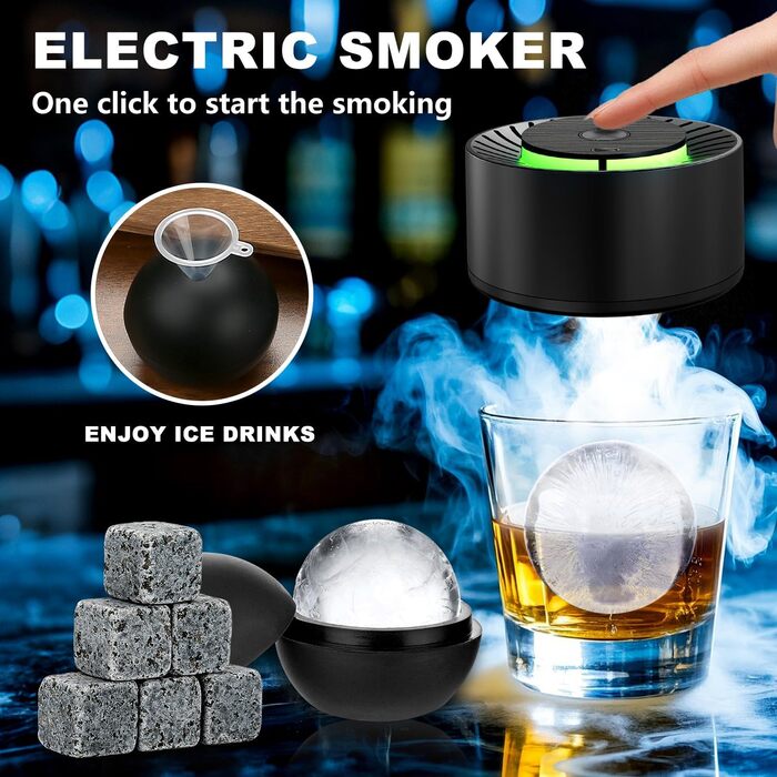 Електричний набір для димлення віскі - Saturn, з 6 дерев'яними чіпсами та каменями, форма кулі, акумулятор, для бурбону, коктейлів, подарунок для чоловіка