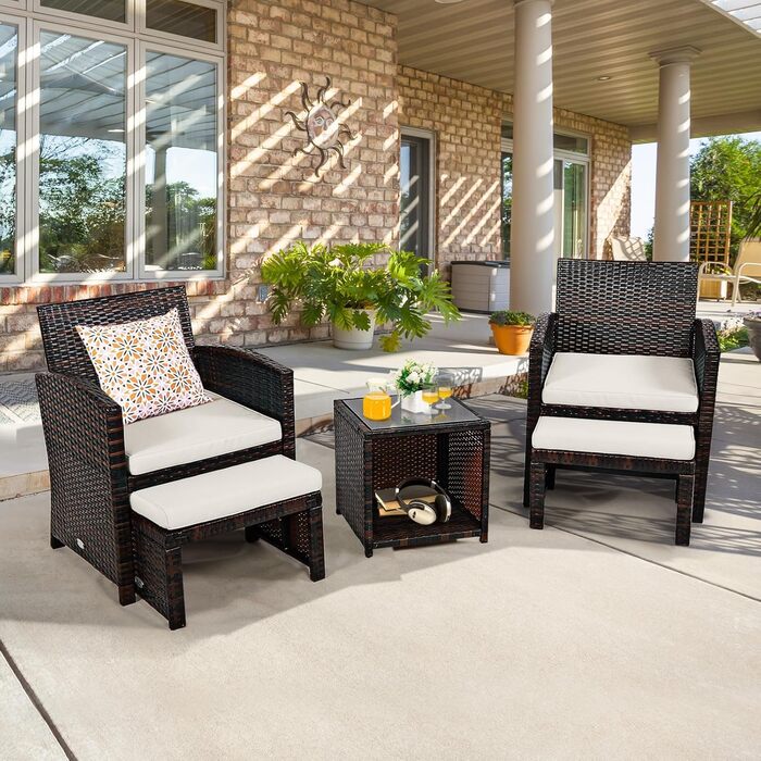 Садовий набір меблів GIANTEX 5 предметів ротанг: 2 крісла, 2 пуфи, столик - для балкона та саду з білими подушками