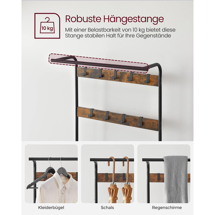 Стійка для одягу VASAGLE з полицею для взуття, 4-в-1, 9 гачків, 33.7 x 72 x 183 см, індустріальний дизайн, горіхово-коричневий/чорний
