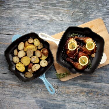 Квадратна сковорода для гриля Country Living з емальованого чавуну, антипригарне покриття, виливний носик, посуд для кухні та вулиці, блакитна, 28 см