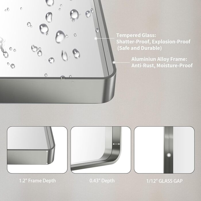 LOAAO Дзеркало для ванної кімнати 61x91.4 см з округлим прямокутним кольоровим каркасом, для макіяжу, настінне, з нержавіючого скла, горизонтальне або вертикальне встановлення (хромована нікель)