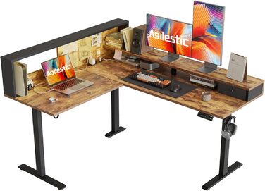 Регульований кутовий стіл Agilestic 160x140 см з LED та розеткою (Коричневий)