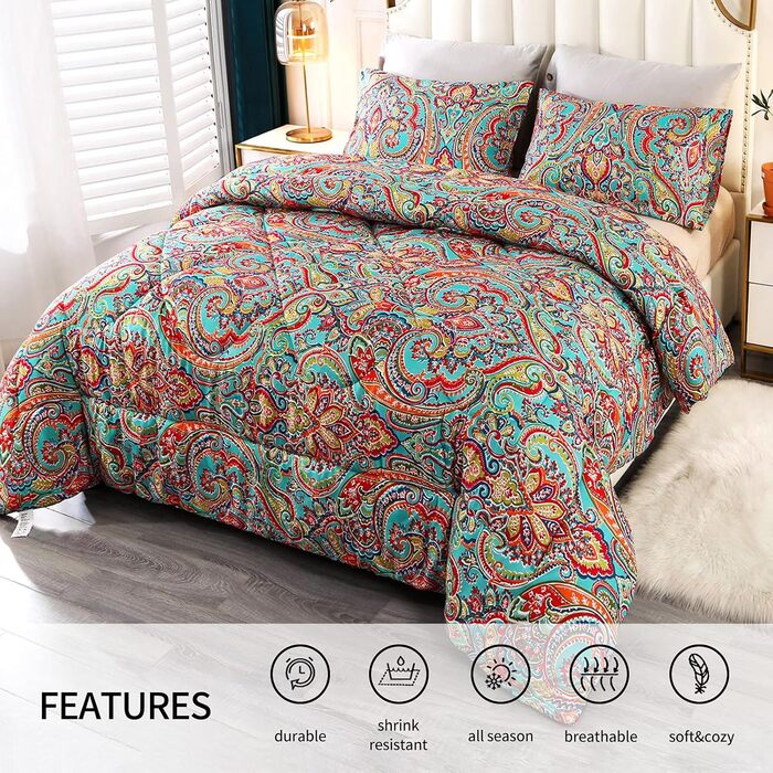 Ковдра Qucover 3PCS Paisley Boho з наволочками, 4 сезони, 225x230см