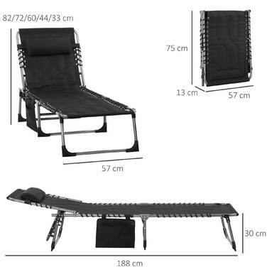 Складний розкладний шезлонг Outsunny Sun Lounger з подушкою 5-рівнева регульована спинка сталева оксфордська тканина чорний 188x57x30см для саду та патіо