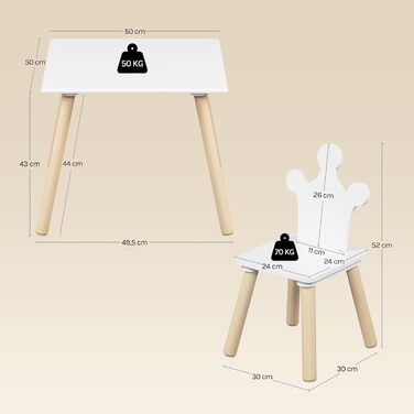 Дитячий стіл з 2 стільцями Woltu для дитячої кімнати, ігрової зони, садочка. Зручні стільці з підлокотниками. Комплект меблів з МДФ та масиву дерева, білий + світлий дуб. Квадратний стіл.