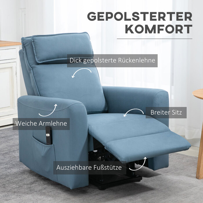 Електричне крісло-стійка HOMCOM Recliner з допоміжним засобом для стоячи та функцією відкидання, оббита пультом дистанційного керування та оксамитовою бічною кишенею