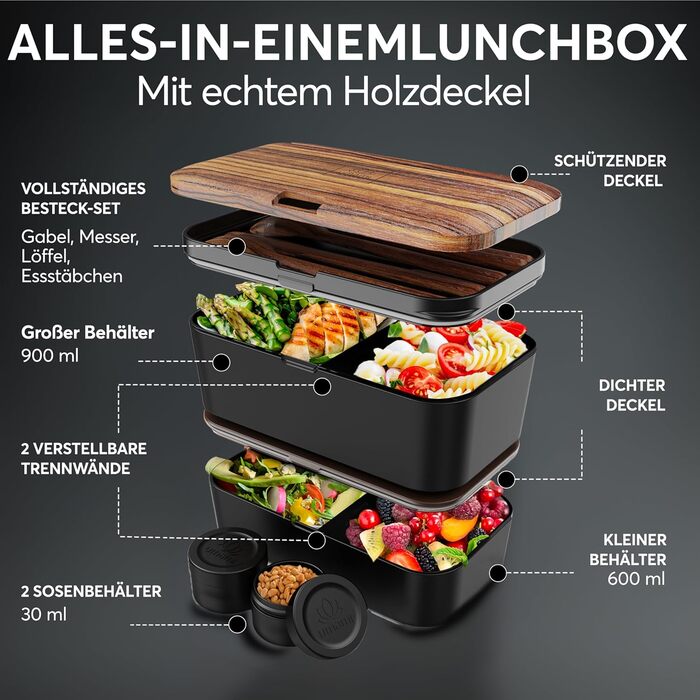 Ланчбокс Umami для дорослих, 1200 мл, з відділеннями, 4 столових прибори, для обіду/пікніка/офісу, чорний & бежевий