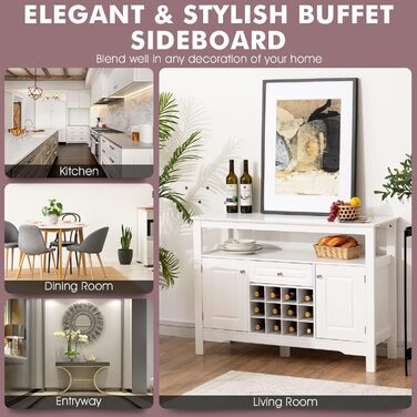 GIANTEX Буфет з полицями для вина, комод у шафу, білий, з ящиками та 2 шафами