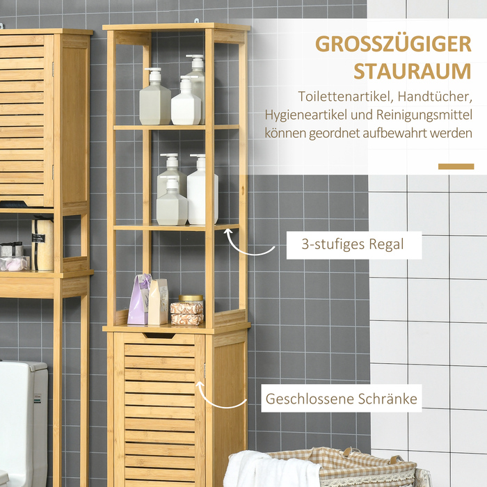 Шафа Kleankin Badschrank Bambus, 34 x 30 x 173 см, з 3 відкритими полицями та 1 шафкою, захист від перекидання, отвір для ручки, вільного стояння, для маленьких приміщень, натуральний колір | Aosom