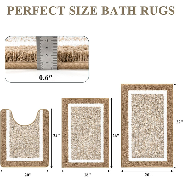 Набір килимків для ванної кімнати Pauwer: 3 шт. (з U-подібною контуром, для туалету), мікрофібра, плюш, швидковисихаючі, антиковзаючі, машинне прання, 18'x26'+18'x48'+U Shape 20'x24'