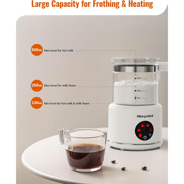 Електричний спінювач молока Morpilot 6-в-1: для капучіно, лате, гарячого шоколаду, 130-500мл, 600W, скляний, для миття в посудомийній машині
